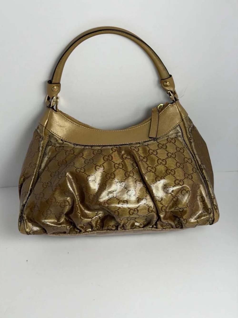 Gucci Abby Gold Leather Coated Monogram Canvas Hobo Shoulder Bag - Picture 7 of 16